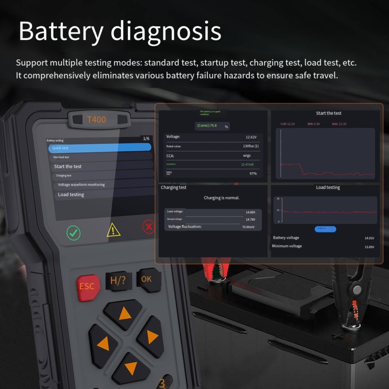 Professional automotive diagnostic tool with rugged ABS housing and precise battery & component testing.
