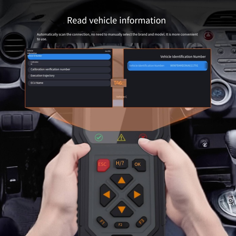 Handheld automotive diagnostic tool for OBD-II scanning, battery health, component tests in workshop settings.